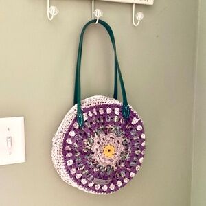 Crochet Boho Bloom Bag Purse Handcrafted In USA Circular Floral Purple Zipper